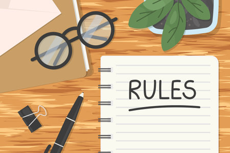 word rules written in notebook on wooden desk, flat lay office composition- vector illustrationのイラスト素材