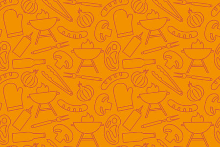 barbecue seamless pattern with ketchup, onion, mushroom, beer bottle, steak, grill tongs, sausage, grill icons- vector illustrationのイラスト素材