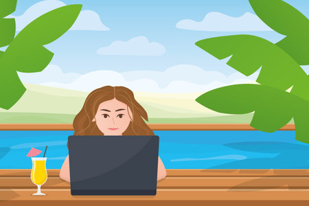 young woman working on a laptop from the swimming pool; online shopping, working remotely, workation, freelance work concept- vector illustrationのイラスト素材