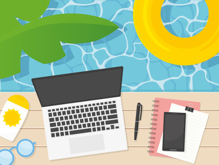 working from the swimming pool; laptop, notebook, documents, phone, pen, sun cream and eyeglasses on the wooden deck- vector illustrationのイラスト素材
