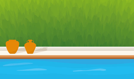 garden with swimming pool, green hedge and clay greek vase  - vector illustrationのイラスト素材