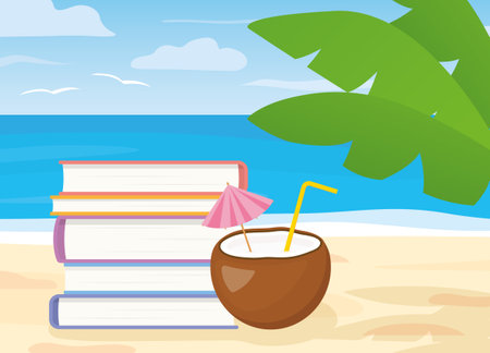 heap of books and coconut cocktail on tropical beach; summer vacation travel concept- vector illustrationのイラスト素材