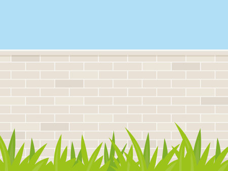 grey brick wall, green grass and blue sky- vector illustrationのイラスト素材