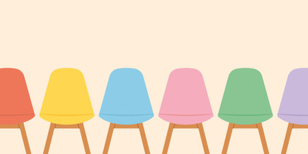 row of colorful chairs in a waiting room; diversity, recruitment, meeting concept- vector illustrationのイラスト素材