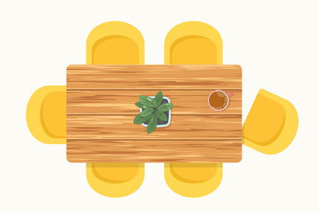 top view of wooden table-with yellow chairs, plant and coffee cup- vector illustrationのイラスト素材