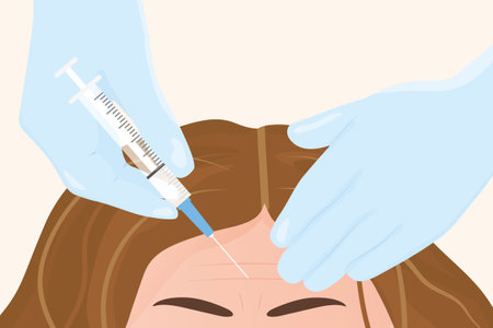 injecting botulinum toxin into a woman's forehead, correction of wrinkles; aesthetic medicine clinic concept- vector illustrationのイラスト素材