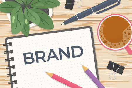 word brand written on spiral notebook, flat lay composition on wooden desk- vector illustrationのイラスト素材
