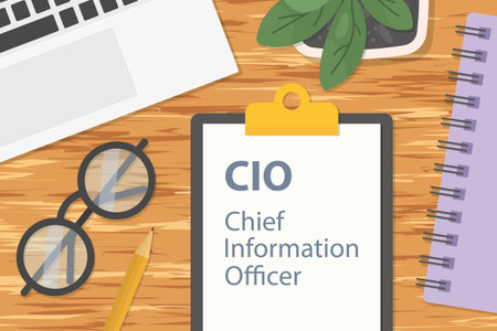 CIO Chief Information Officer written on clipboard
on wooden office desk, flat lay composition- vector illustrationのイラスト素材