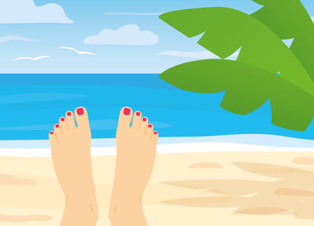 female feet on the tropical beach with palm leaves - vector illustrationのイラスト素材