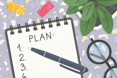 plan written in a spiral notebook, flat lay desk view- vector illustration
