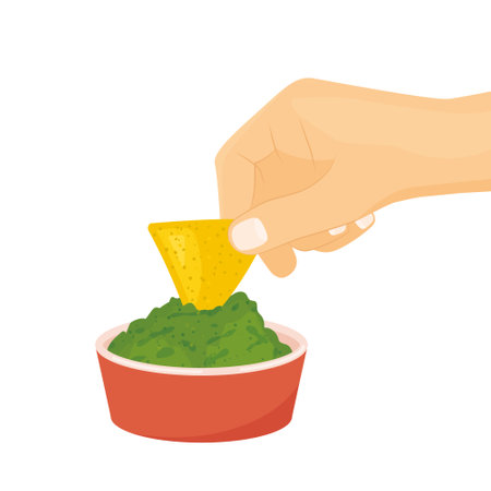 hand dipping nacho in the bowl with guacamole -vector illustrationのイラスト素材