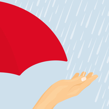 red umbrella and hand catching water drops during rainy day- vector illustrationのイラスト素材