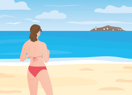 woman in sunglasses and bikini on the beach looking at the island on the horizon - vector illustrationのイラスト素材