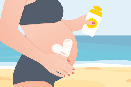 pregnant woman applying sunscreen lotion at the beach, skin burn, cancer prevention- vector illustrationのイラスト素材
