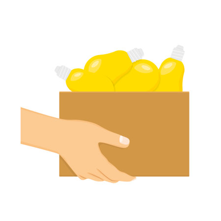hand holding paper box full of light bulbs; concept of fresh ideas, solutions - vector illustrationのイラスト素材