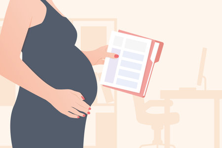 pregnant businesswoman at the office; finishing work before maternity leave- vector illustrationのイラスト素材
