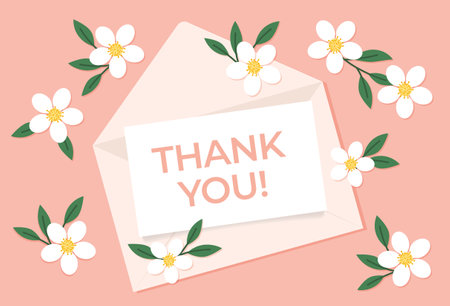 envelope with thank you card and white flowers- vector illustrationのイラスト素材