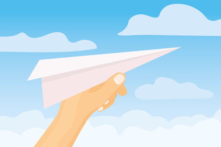 hand holding paper plane against the sky- vector illustrationのイラスト素材