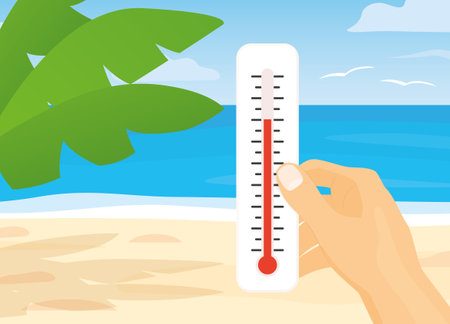 hand holding thermometer on the beach, hot weather, global warming concept - vector illustrationのイラスト素材
