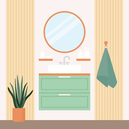 modern bathroom cabinet with sink, faucet, mirror, shelves with cosmetics, towel and houseplant - vector illustrationのイラスト素材