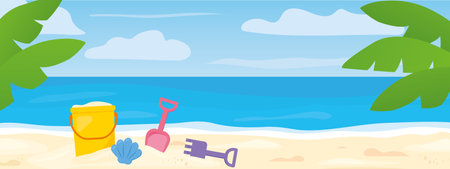 summer banner with children sand toys and palm leaves on the tropical beach - vector illustrationのイラスト素材
