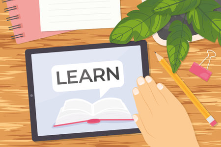 concept of e-learning, hand using tablet on wooden desk- vector illustrationのイラスト素材