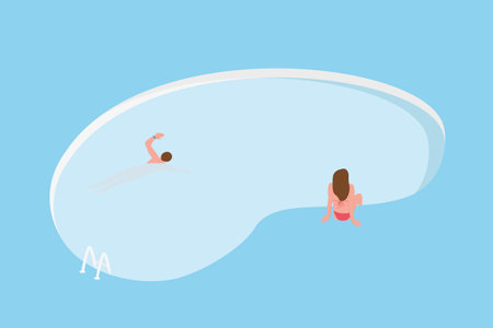 pair relaxing on the swimming pool, men swimming and woman sitting on the edge - vector illustrationのイラスト素材