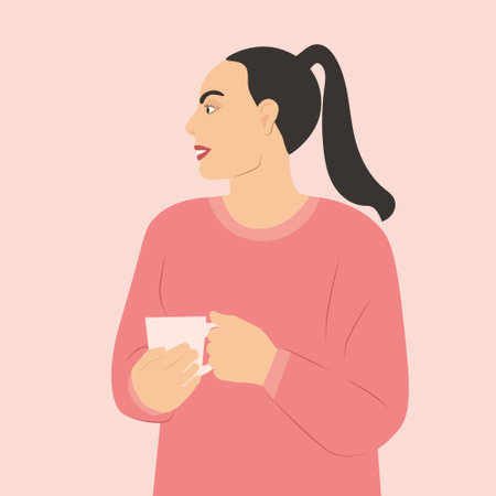 young beautiful woman holding cup with a hot warming drink on a cold day; coffee break concept -vector illustrationのイラスト素材