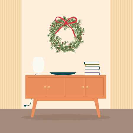 modern interior with dresser and christmas wreath - vector illustrationのイラスト素材