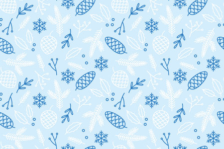 winter, christmas seamless pattern with fir tree twigs, cones, snowflakes and plant elements-  vector illustrationのイラスト素材