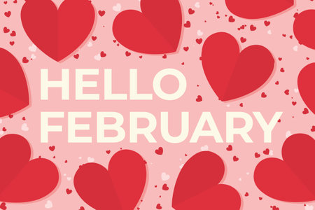 hello february text red hearts; Valentine' Day concept- vector illustrationのイラスト素材