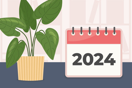 new 2024 calendar at the office desk; new year goals and resolutions concept- vector illustrationのイラスト素材