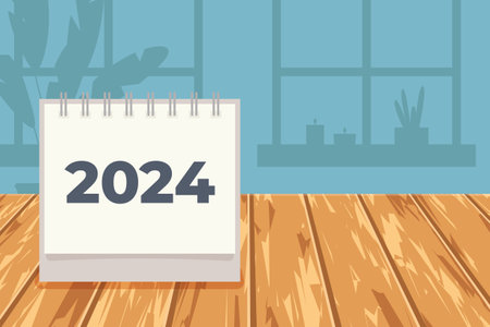 new 2024 calendar at the wooden table; new year goals and resolutions concept- vector illustrationのイラスト素材