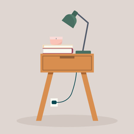 modern wooden bedside table with books, lamp and candle - vector illustrationのイラスト素材