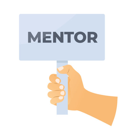 hand holding sign board with mentor word; experienced and trusted advisor who provides guidance, support, and knowledge to someone less experienced- vector illustrationのイラスト素材