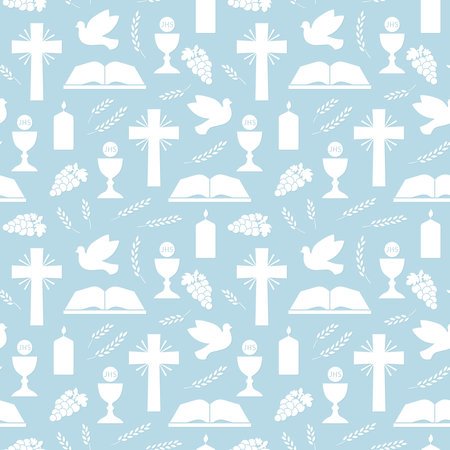 seamless pattern with christian religion icons, holy communion: bible, dove, chalice, candle, wheat ear; great for wrapping, greeting cards, invitations- vector illustrationのイラスト素材