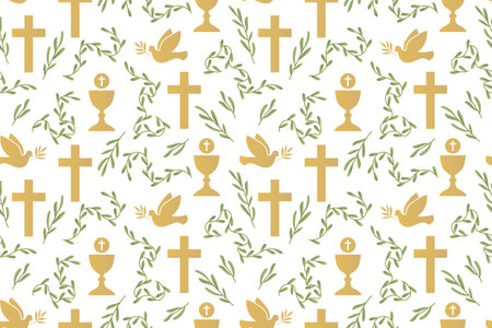 seamless pattern with christian religion icons: dove, chalice and cross; great for wrapping, greeting cards, invitations- vector illustrationのイラスト素材