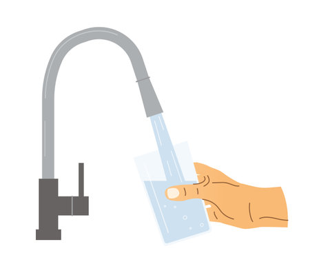hand filling a glass cup from a kitchen faucet; daily hydration concept; can be used in marketing materials for water filters, home appliances, or wellness blogs- vector illustrationのイラスト素材