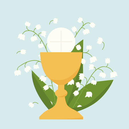 holy communion chalice and ily of the valley flowers; design element for first holy communion invitations and greeting cards - vector illustrationのイラスト素材
