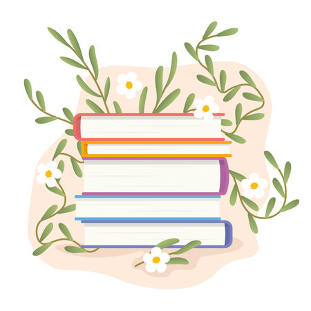 stack of books with floral composition; perfect for book lovers, botanical enthusiasts or literary-themed designs- vector illustrationのイラスト素材