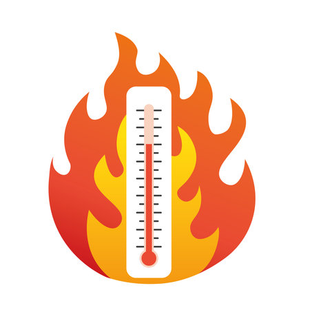 red thermometer in fire flames, high temperature warning, hot summer day, heatwave, climate change concept- vector illustrationのイラスト素材