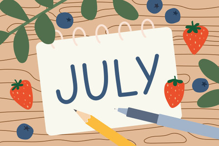 july written in a spiral notebook; summer vacation concept- vector illustrationのイラスト素材