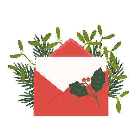 red envelope with blank card decorated with fir, mistletoe, holly berry twigs; concept of writing christmas wishes - vector illustrationのイラスト素材