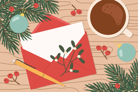 envelope and card with winter plants decoration; concept of writing christmas wishes- vector illustrationのイラスト素材