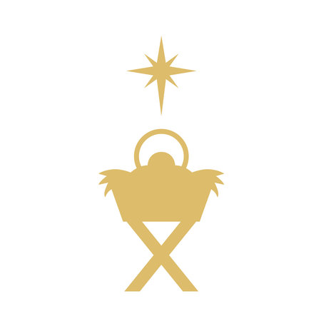 christmas nativity scene, Holy Night: baby Jesus in a manger and star of Bethlehem; golden icon- vector illustrationのイラスト素材