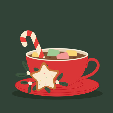 cup of hot winter, christmas drink; cocoa with marshmallows and candy cane - vector illustrationのイラスト素材