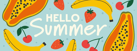 hello summer text with papaya, strawberry, banana fruits - vector illustrationのイラスト素材