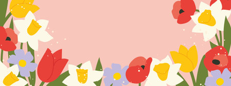 spring, summer banner with tulip, daffodil and poppy flowers- vector illustrationのイラスト素材