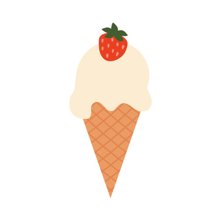 vanillia ice cream in a waffle cone with strawberry- vector illustrationのイラスト素材