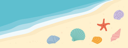 summer banner tropical beach and colorful sea shells; perfect for vacation-themed graphics, travel promotions, or seasonal marketing materials- vector illustrationのイラスト素材
